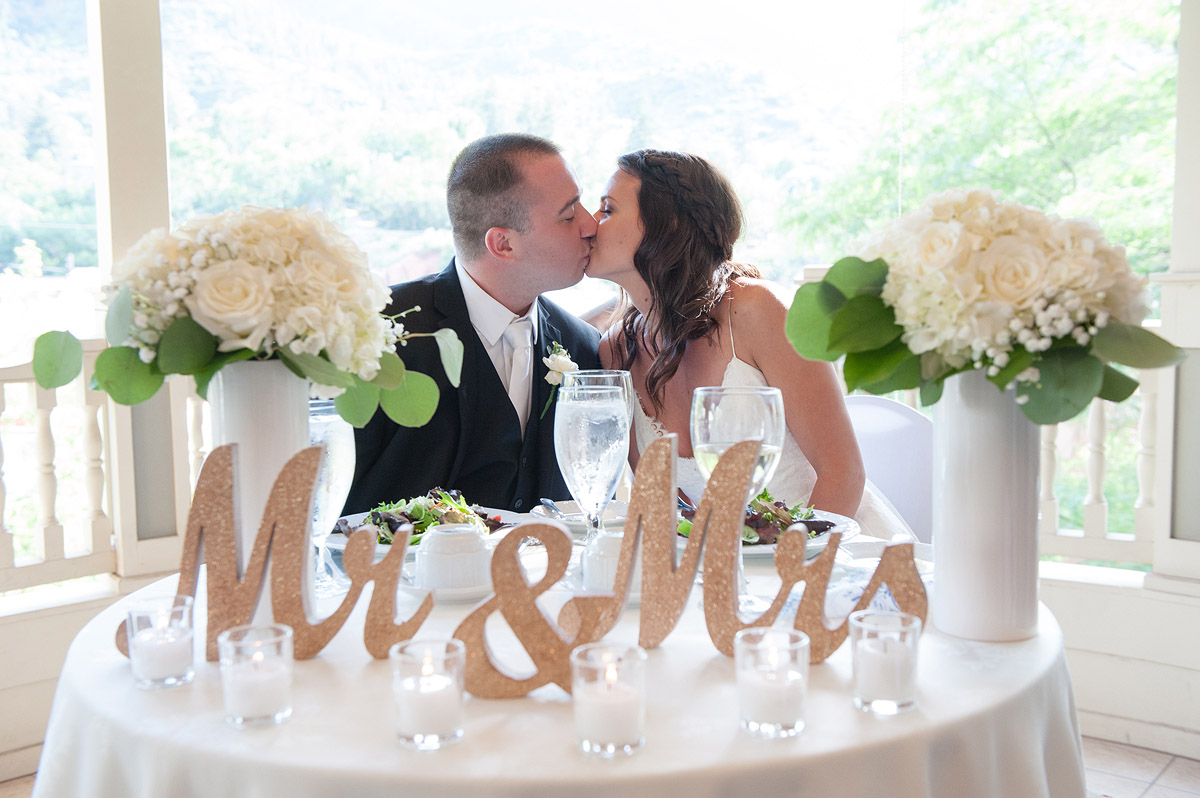 Bride and groom behind cake topper